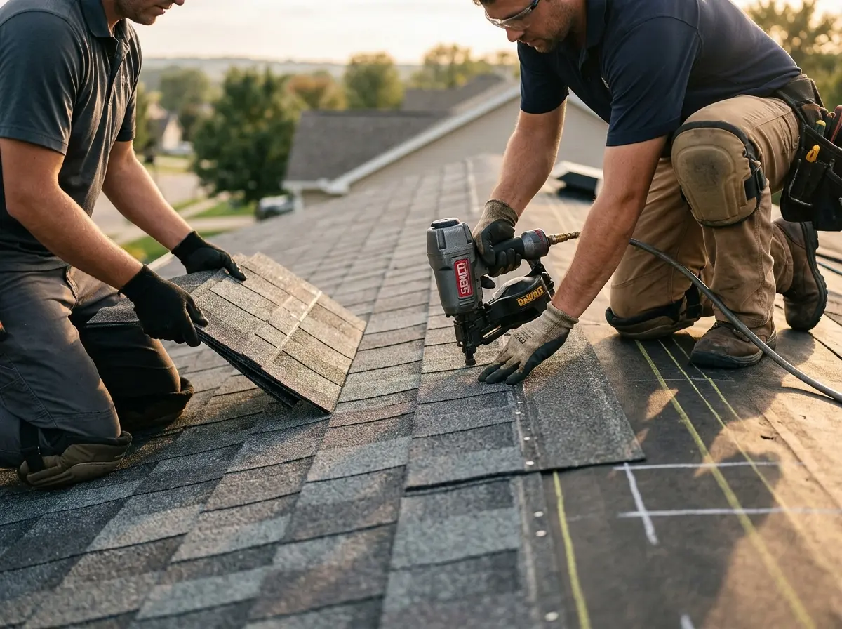 Professional roofer working on a residential roof in South Lyon